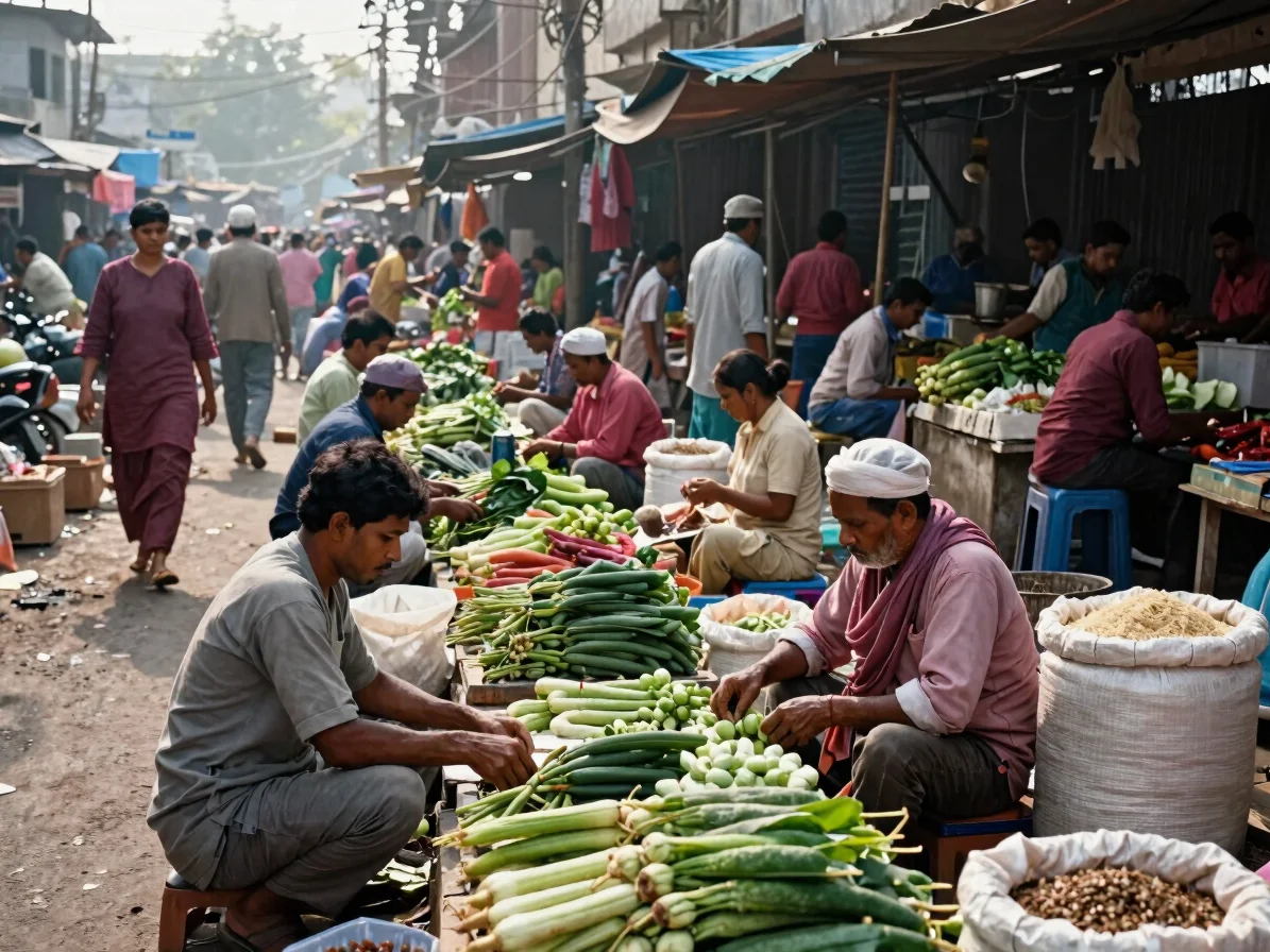 Editorial news photography of a busy Dhaka wet market in morning daylight, vendors arranging vegetables and rice sacks,
