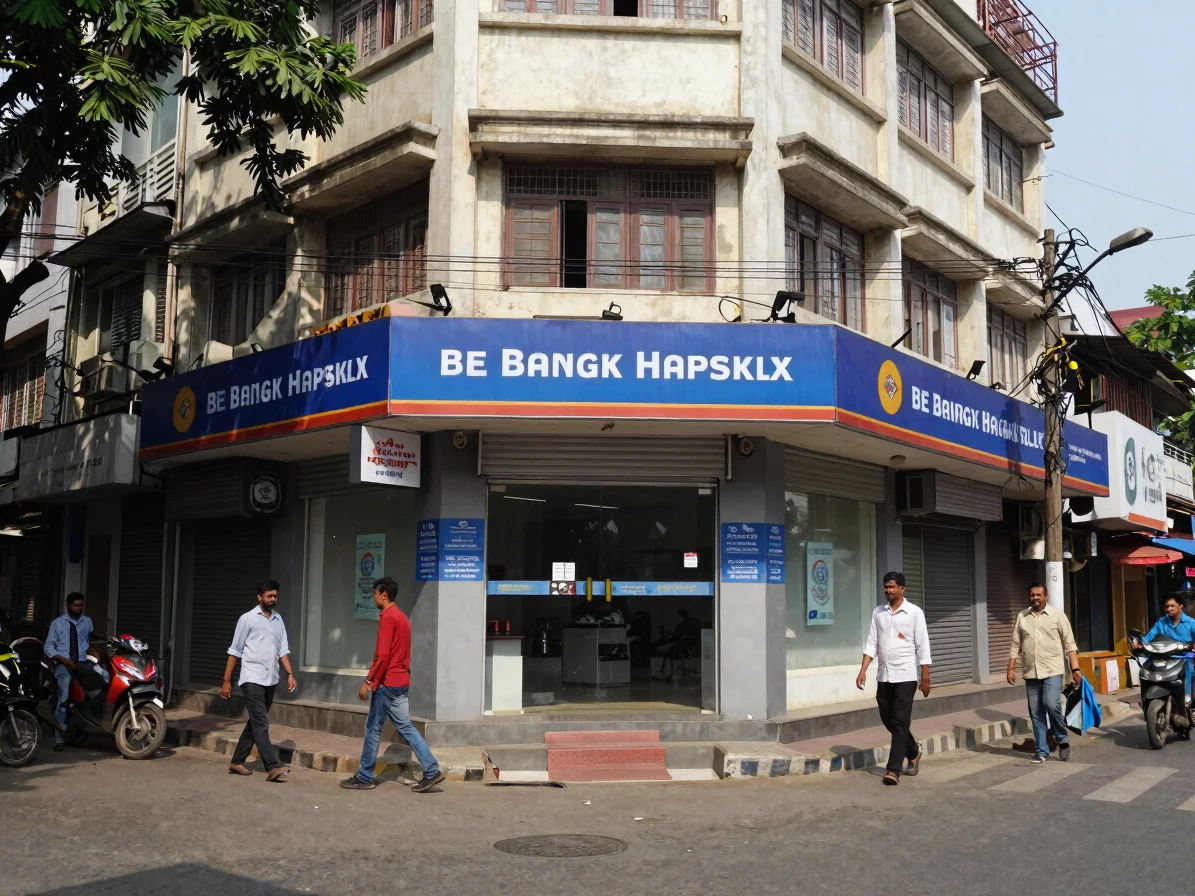 Editorial documentary photograph of a commercial bank branch exterior in a dense Bangladeshi city street, humid daylight