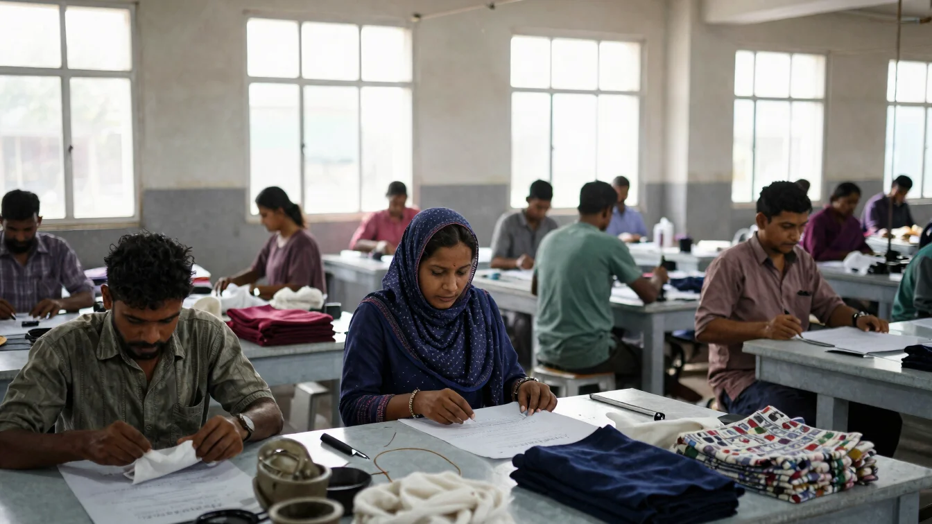 Documentary photograph of workers in a small garment factory floor in Bangladesh, natural window light, everyday work cl