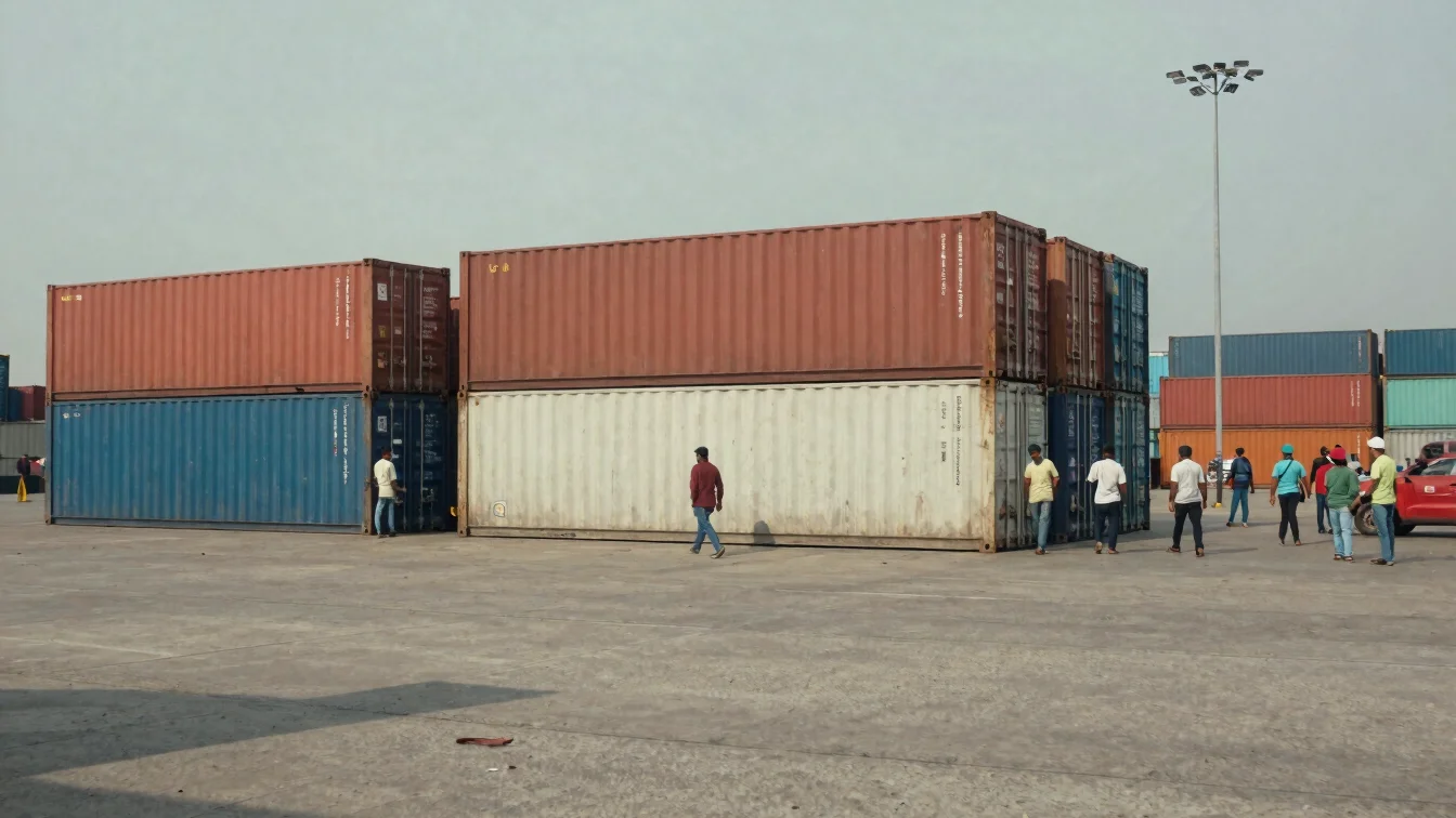 Documentary photograph of cargo containers at a port terminal in Chattogram, humid daylight, workers in everyday clothin
