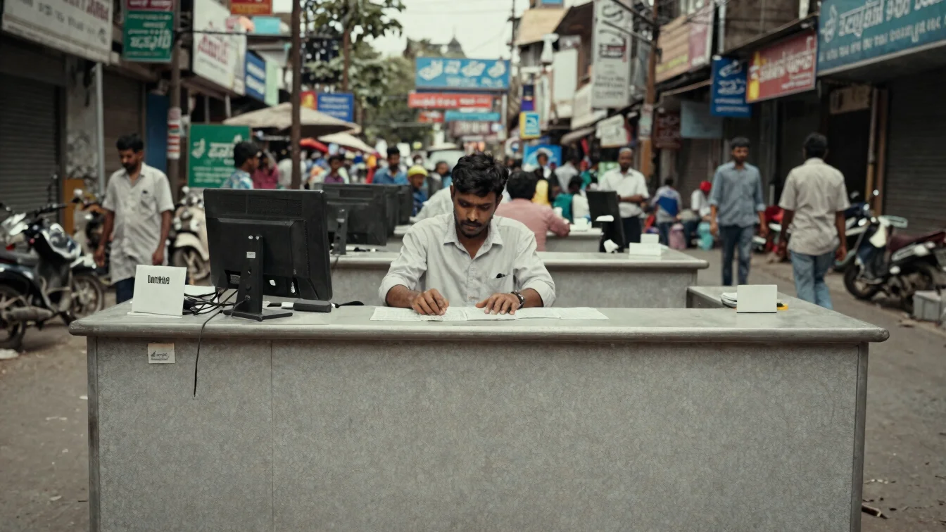Documentary photograph of a currency exchange counter in a commercial street in Dhaka, natural daylight, everyday street
