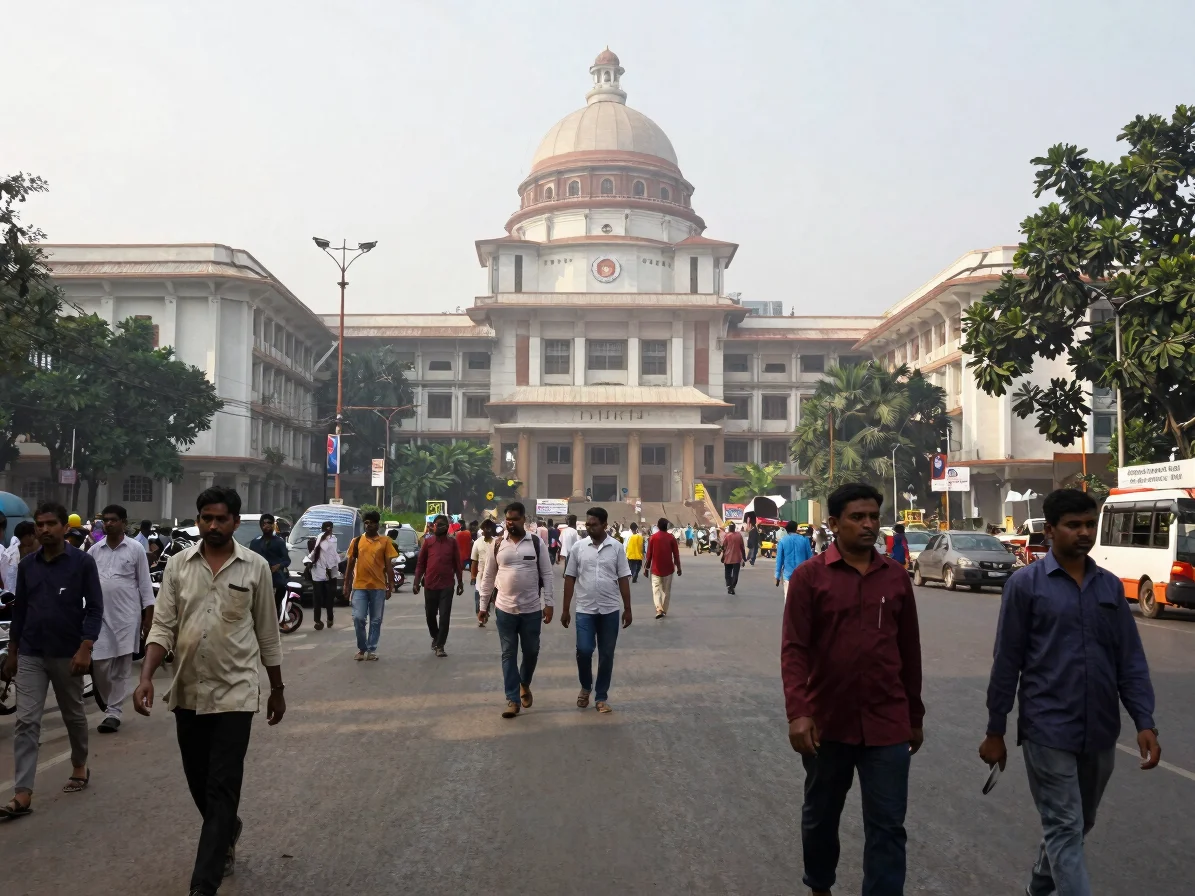 Editorial news photography of a busy Dhaka street near a government building, natural daylight, humid morning air, peopl