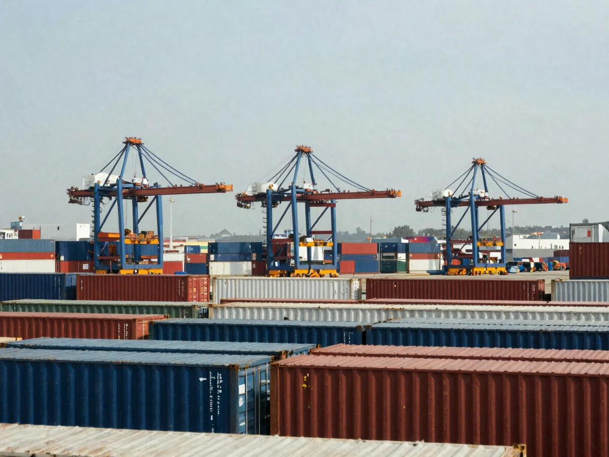 Commercial port area with cargo containers, natural daylight, documentary framing, 35mm lens, restrained colors