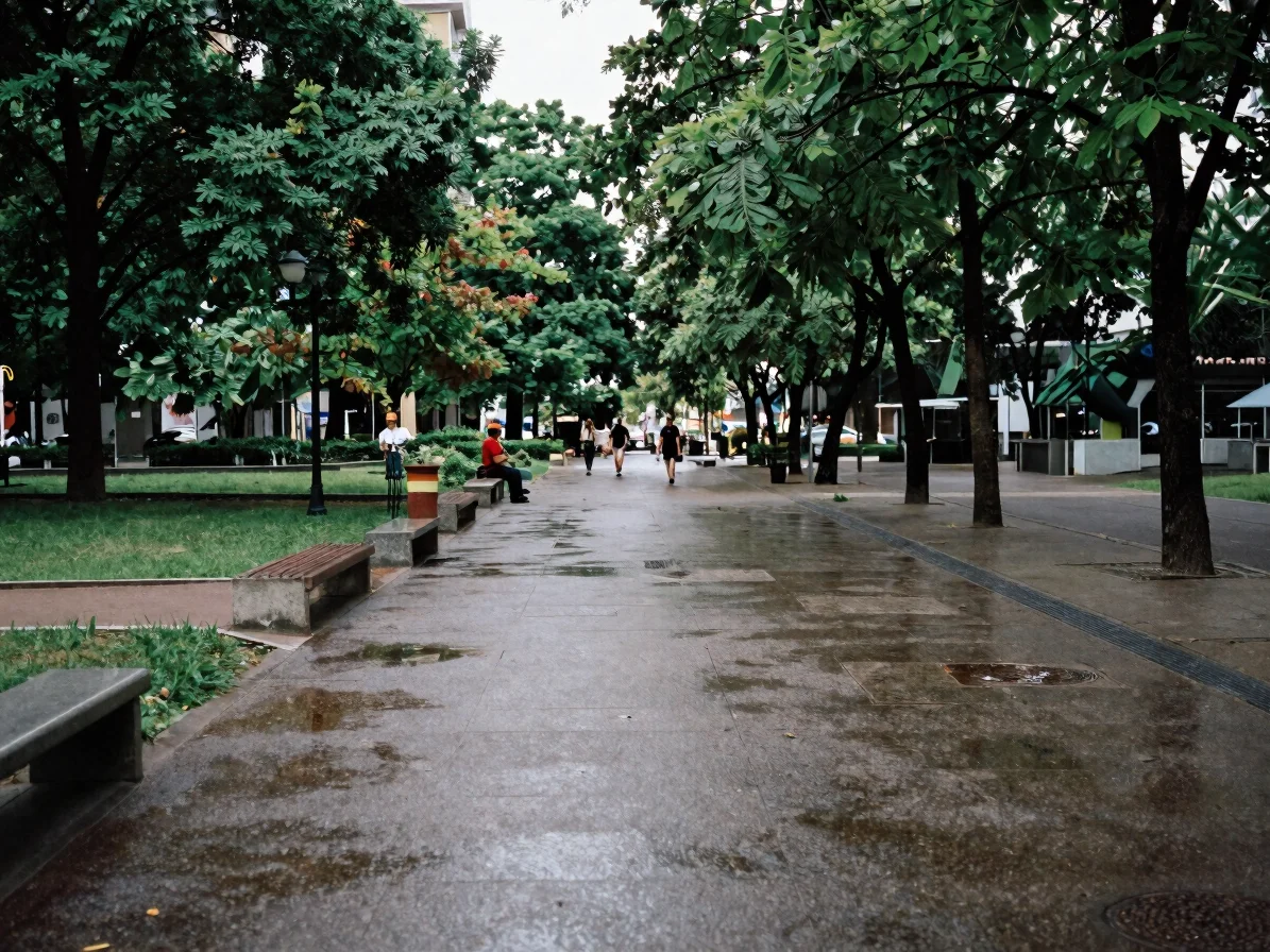 Open urban park with trees and a pathway, humid daylight, documentary framing, 35mm lens, restrained colors