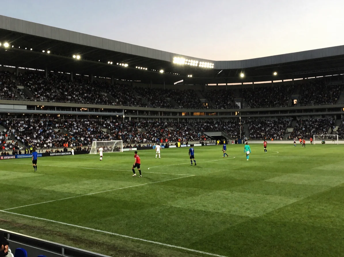 football match in a crowded urban stadium, floodlit pitch, players in motion, natural evening light, documentary framing