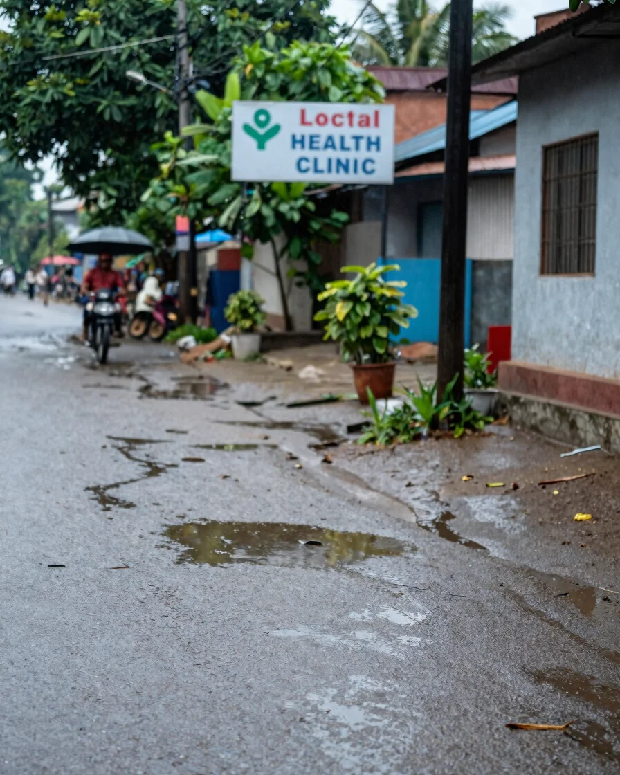 Everyday Bangladeshi neighbourhood street after monsoon rain, shallow puddles along a roadside, a local health clinic si