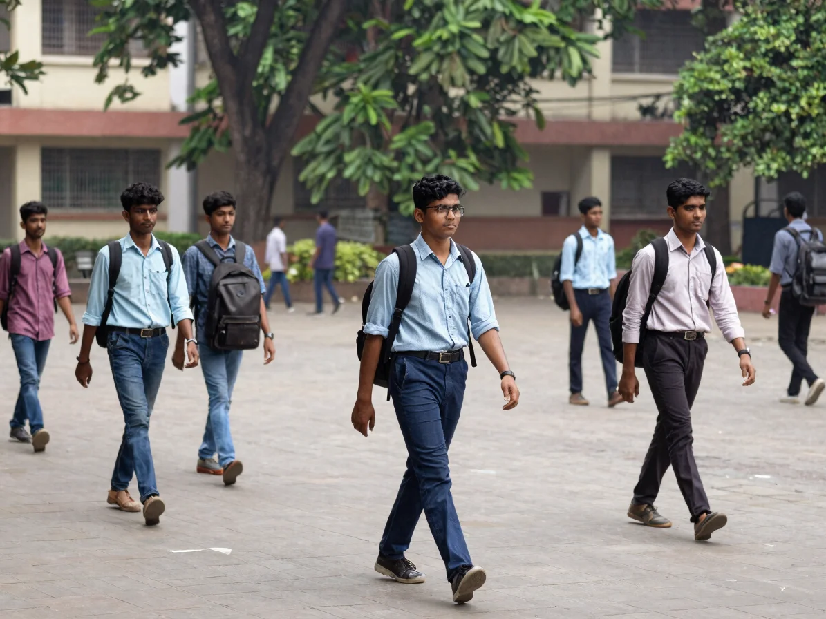Bangladeshi university students walking across a campus courtyard with backpacks, natural daylight, documentary style, 3