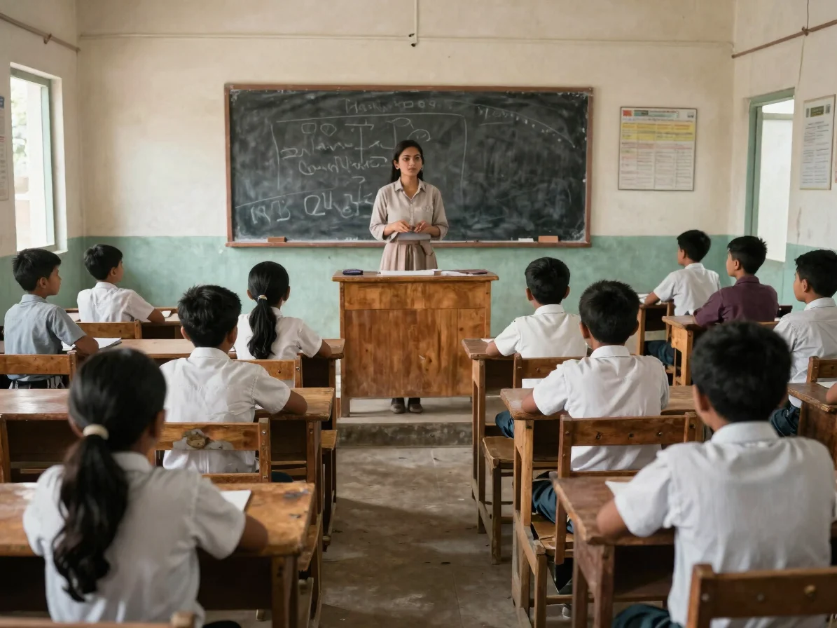 Bangladeshi primary school classroom with students seated at wooden benches, teacher at blackboard, natural window light