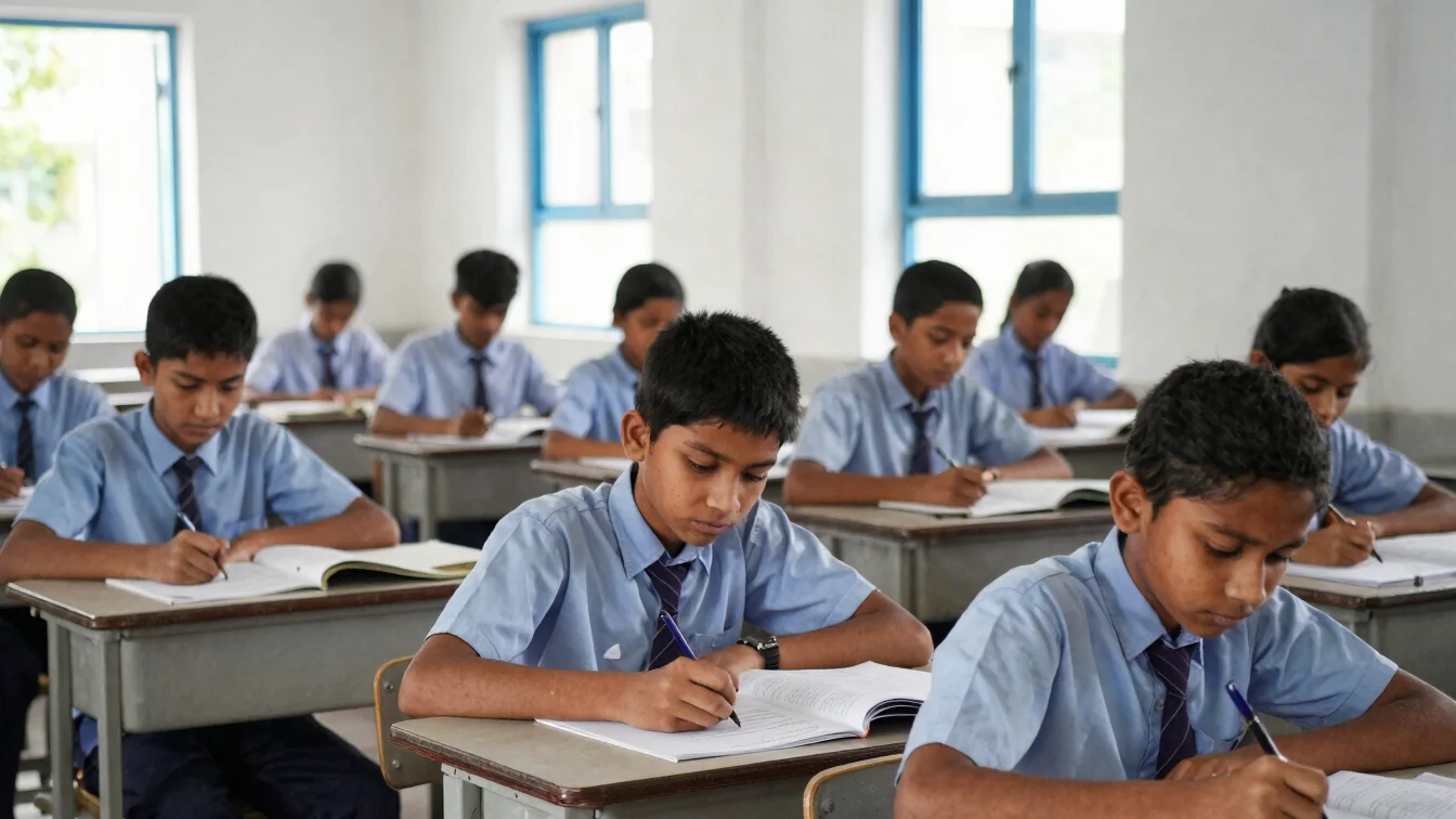 Bangladeshi high school students in school uniform studying at a desk in a bright classroom, natural daylight, editorial
