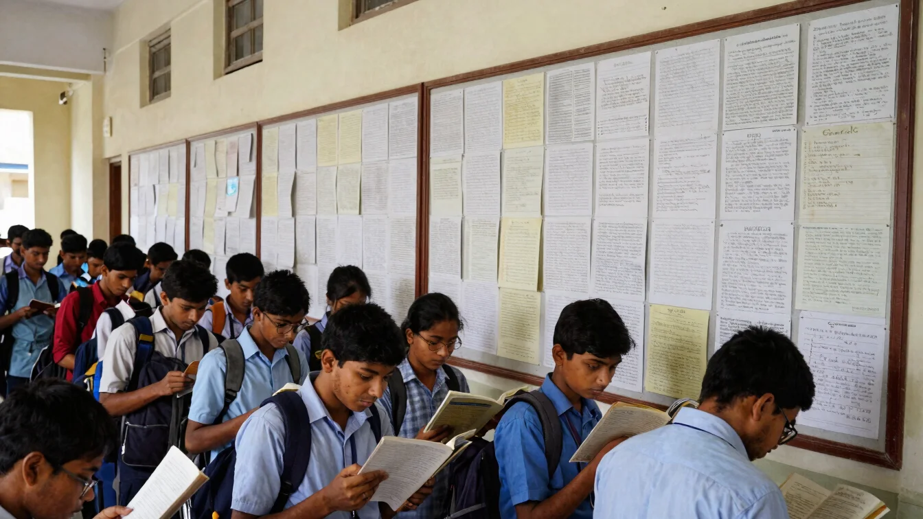 Bangladeshi college students reading notices on a corridor board, natural light, documentary framing, no text or logos