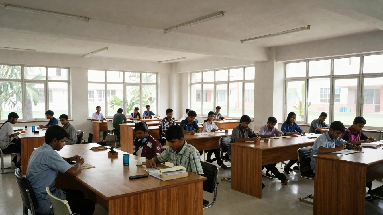 Bangladeshi university library reading room with students at long tables, soft daylight through windows, documentary sty