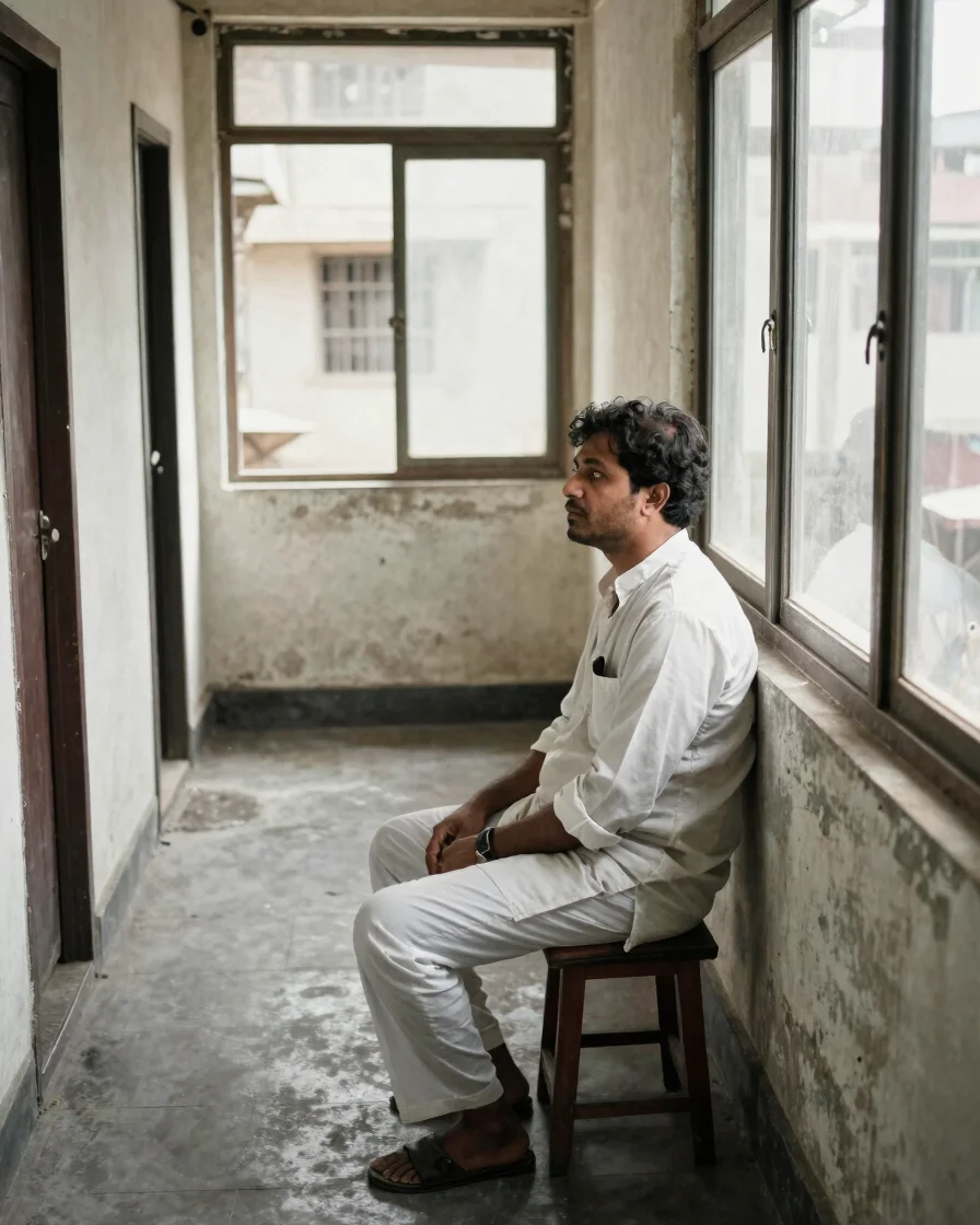 Editorial news photography of a Bangladeshi actor seated in a modest Dhaka studio corridor, natural daylight through a w