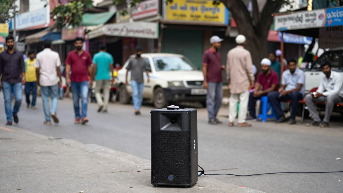 Editorial news photography of a Dhaka street music stall with a small speaker, natural daylight, documentary framing, re