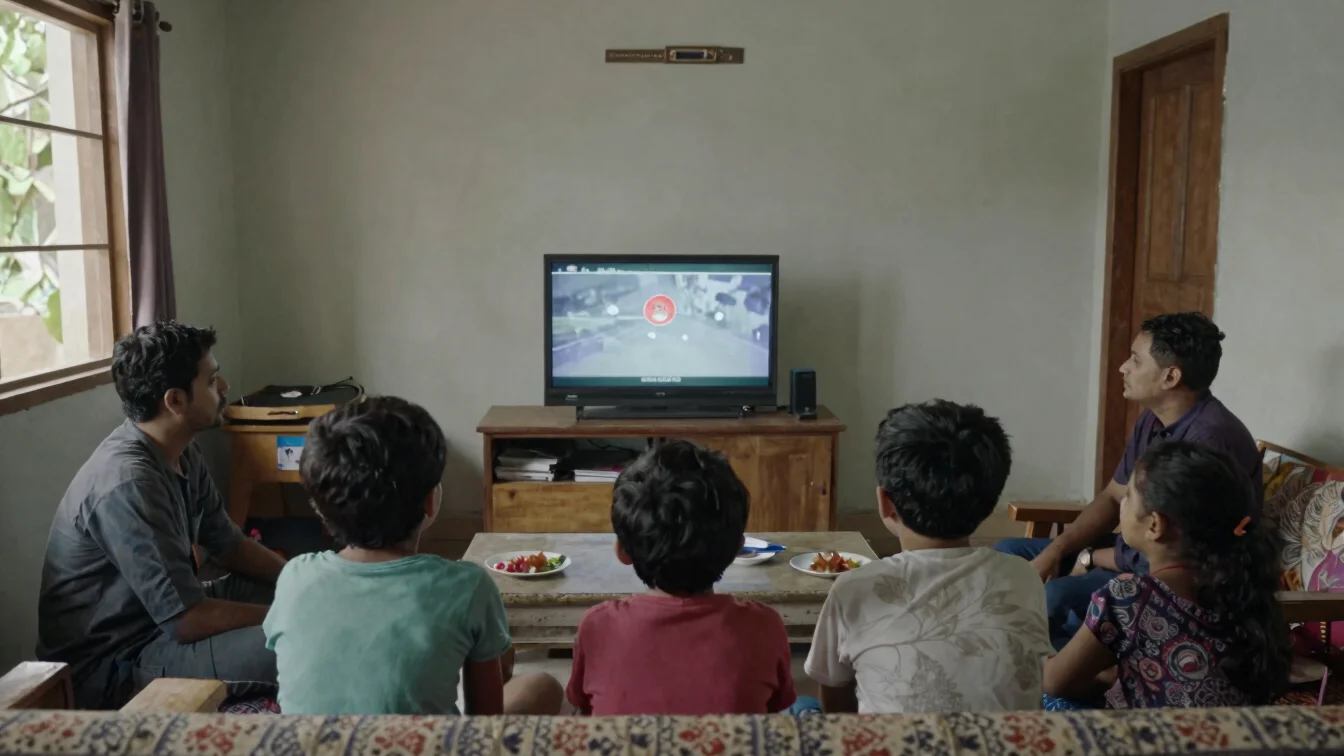 Editorial news photography of a family watching television in a Bangladeshi home living room, natural daylight, document