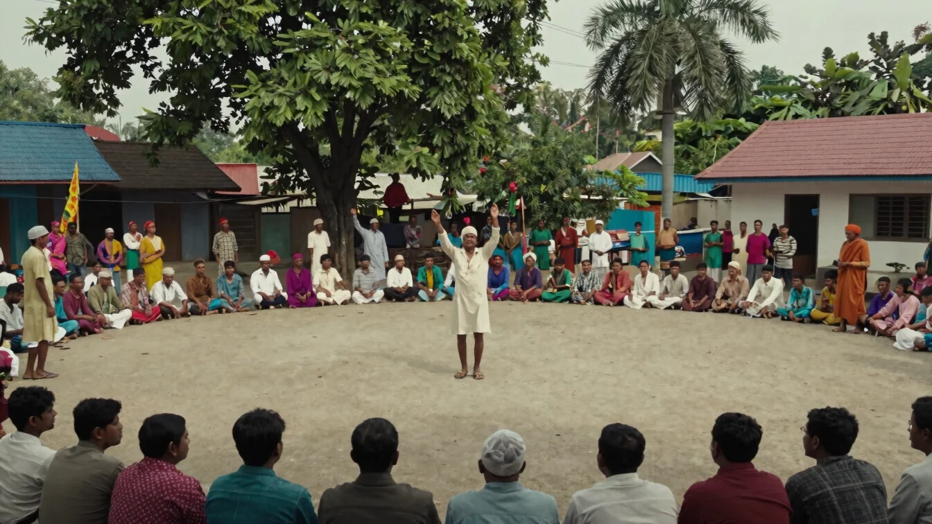 Editorial news photography of a village folk performance courtyard in Bangladesh, humid daylight, documentary framing, r
